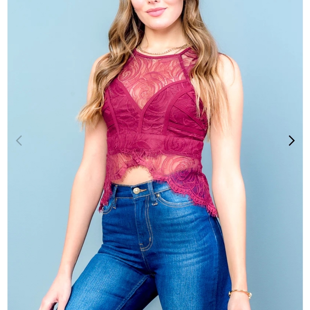 Halter Neck Lace Top With Metal Back Zip In Burgundy & Black - Picture 6 of 6
